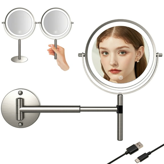 TUSHENGTU 7"Adjustable 10X Magnifying Lighted Makeup Mirror, Swing Arm Wall Mount & Tabletop