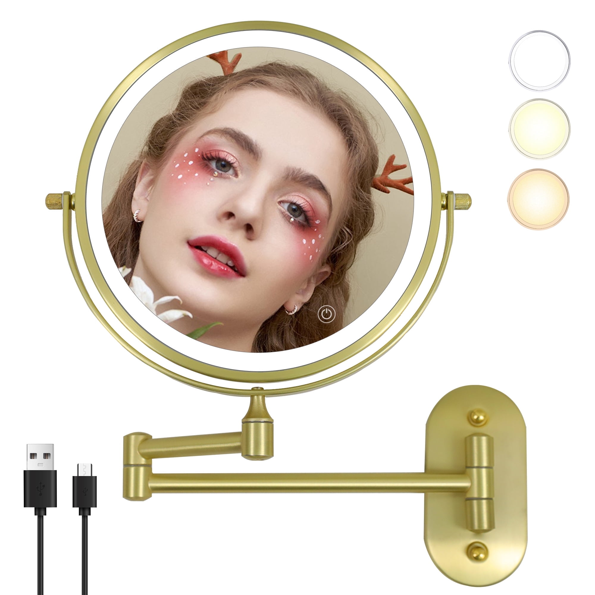 TUSHENGTU 8" Golden Wall Mounted Makeup Mirror with LED Light,1X/10X Magnifying for Makeup Care