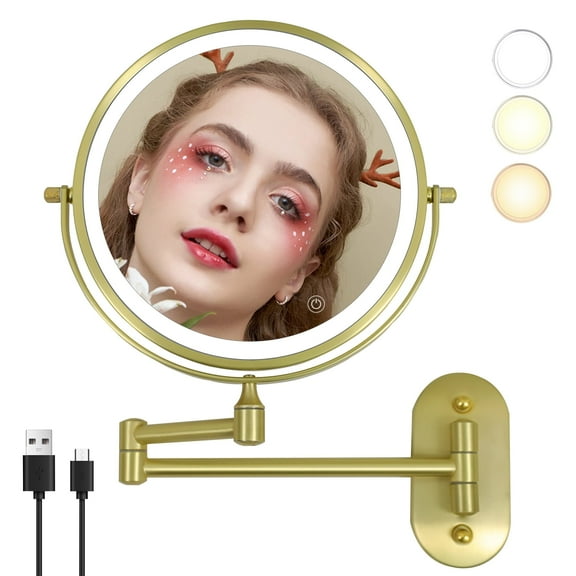TUSHENGTU 8" Golden Wall Mounted Makeup Mirror with LED Light,1X/10X Magnifying for Makeup Care