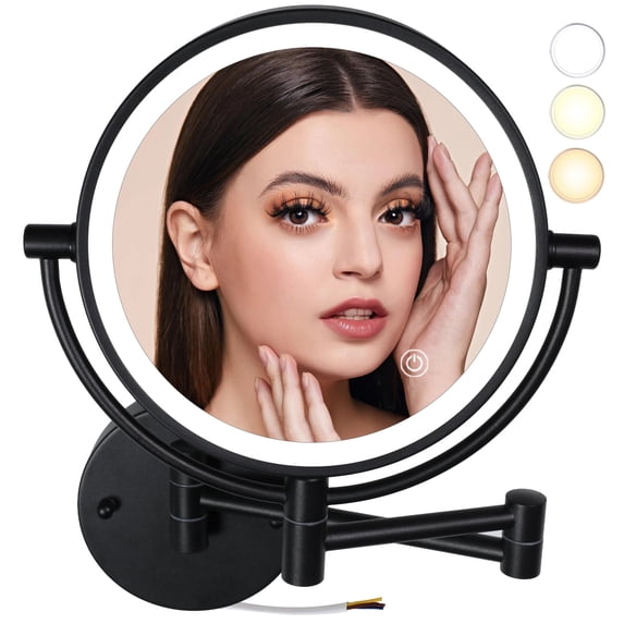 TUSHENGTU 8" Hardwired Lighted Wall Mount Makeup Mirror,Black Shaving mirror, 3X Magnifing Double mirror