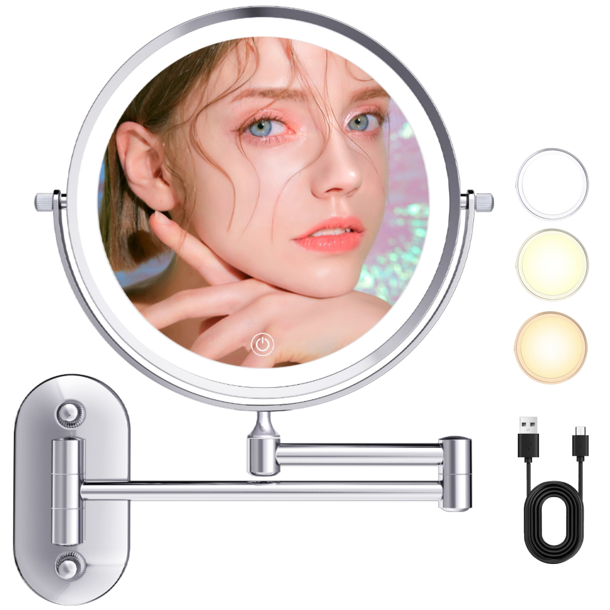 TUSHENGTU 8" Wall Mounted Makeup Mirror with Lights, Double-Sided Mirrors with 1X/10X Magnifying