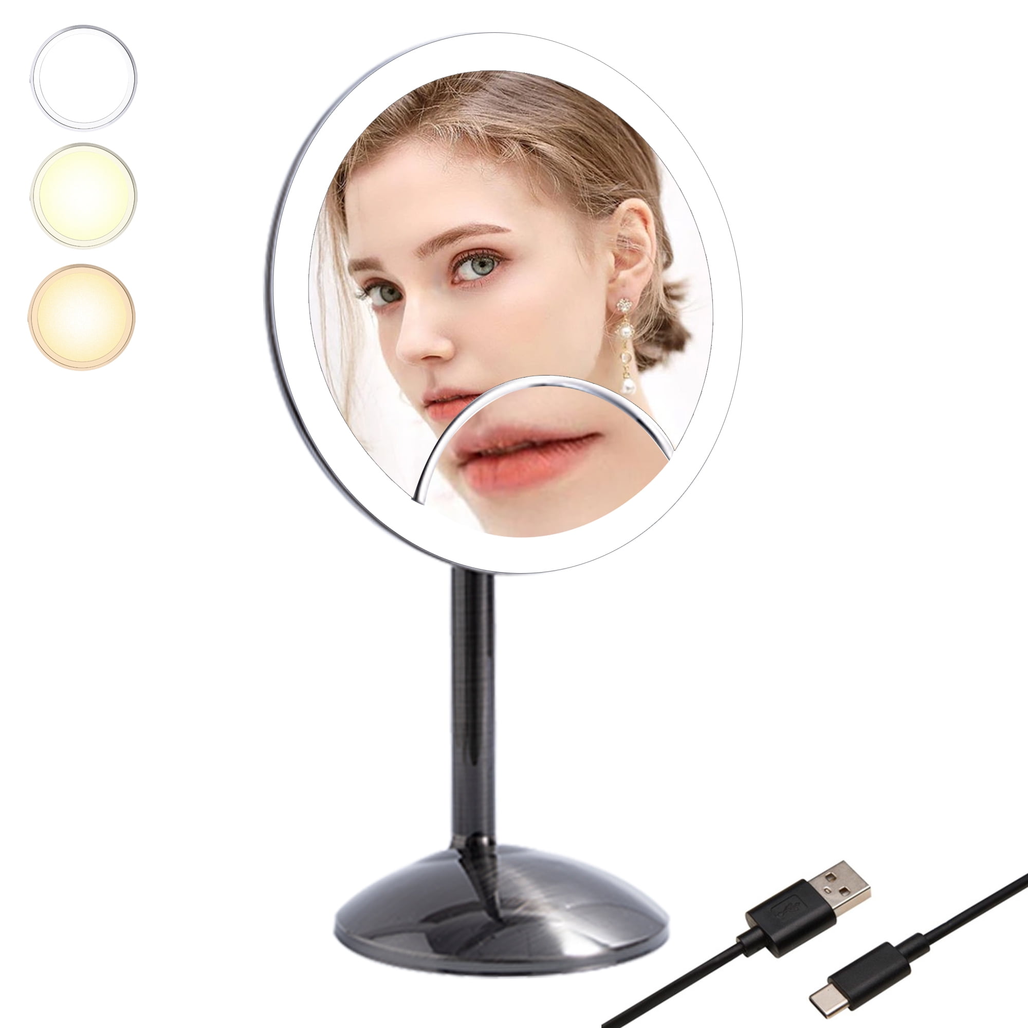 TUSHENGTU 9.5" Desk Makeup Mirror with Lights,Black 10X Magnification