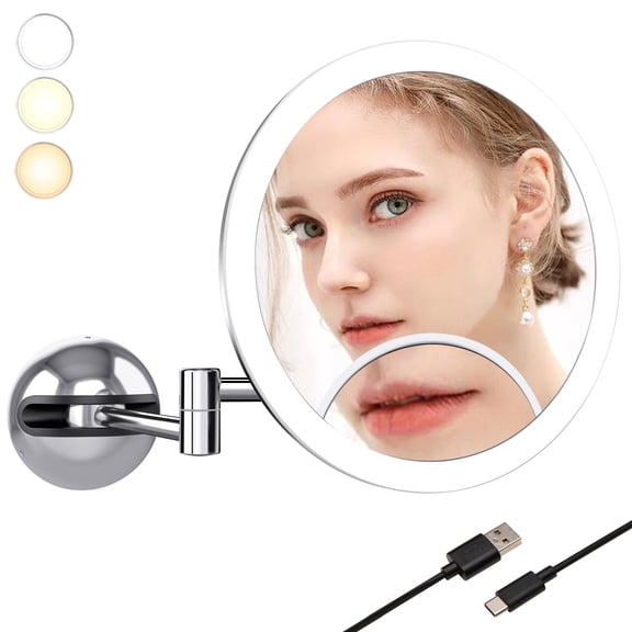 TUSHENGTU 9.5" Wall Mounted Makeup Mirror, Bathroom Shaving mirror,10X Magnification ,Rechargeable