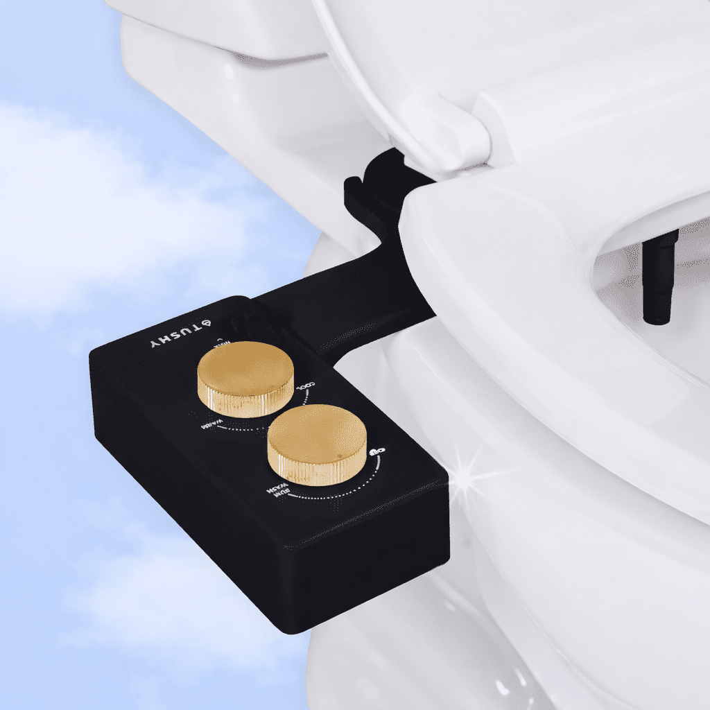 TUSHY Spa Warm Water Bidet Attachment, Adjustable Nozzle, Pressure Control, Easy DIY Install, Noir/Gold