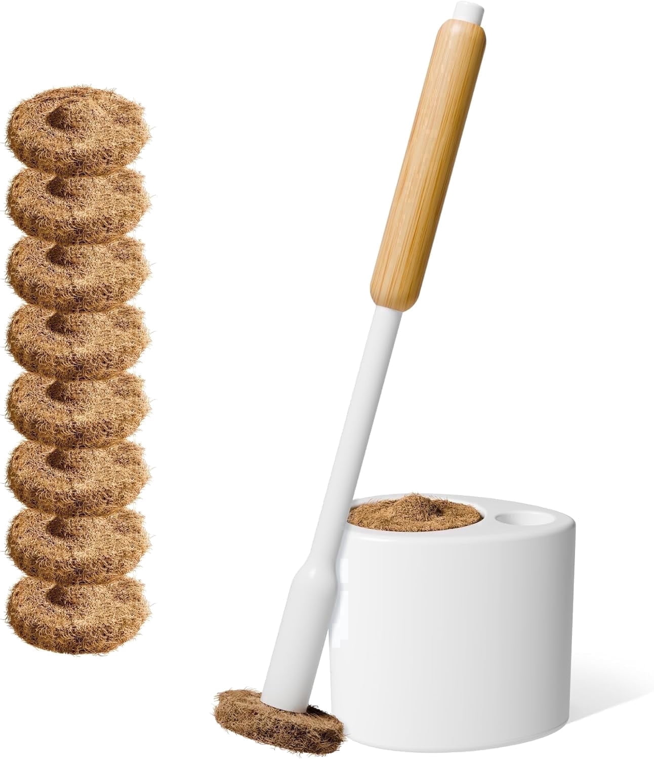 TUSHY Toilet Brush 2.0 Set with Holder with 8 Disposable Refills- infused with Lemon and Tea Tree Coconut Husk Scrubbing Pads
