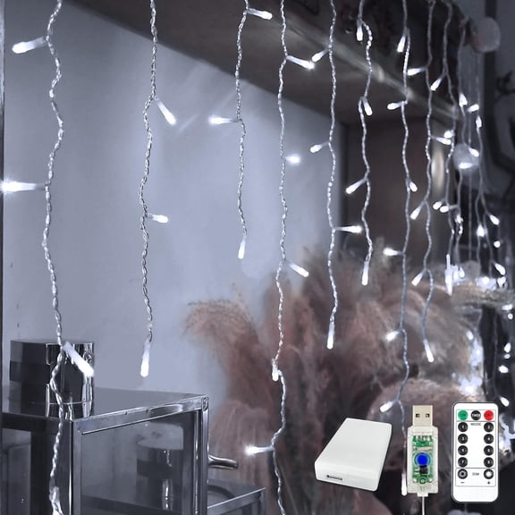 TUSLUZ 13ft Icicle Christmas Lights 96 LED USB/Battery with Remote Timer Curtain Fairy Lights with 18 Drops Icicle Lights for Wedding Christmas Halloween Party Room Decoration (White)
