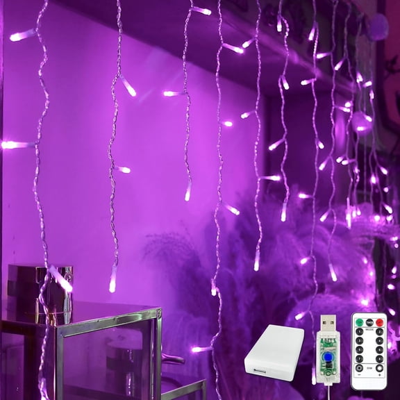 TUSLUZ 13ft Icicle Christmas Lights 96 LED USB/Battery with Remote Timer Curtain Fairy Lights with 18 Drops Icicle Lights for Wedding Christmas Halloween Party Room Decoration (Purple)