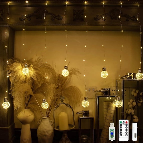 TUSLUZ Wish Ball Curtain Lights 200 LED Window Fairy Light, USB/Battery Powered Twinkle Globe Curtain String Lights for Wedding Backdrop Room Dorm Party Christmas Decor (Warm White)