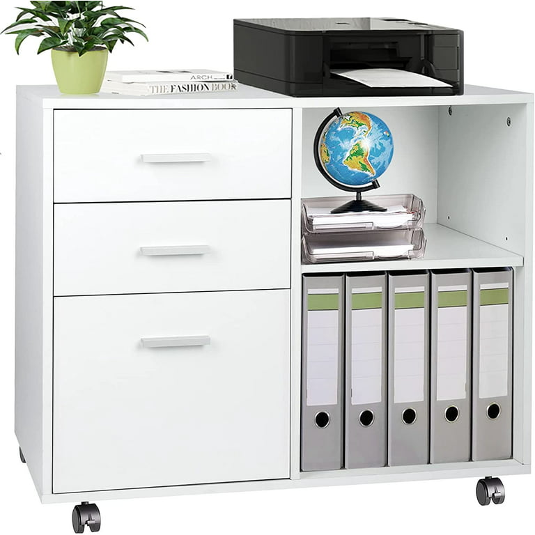 Tusy 3 Drawer Wood File Cabinet Mobile Lateral Filing For Home Office Printer Stand With Open Storage Shelves White Com
