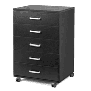 TUSY 5 Drawer Dresser, Wood Chest with Wheels, Storage Drawers for Bedroom, Living Room, Office, Black