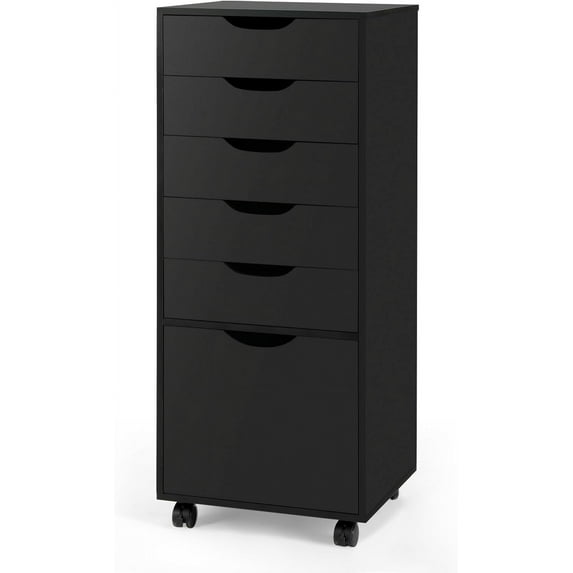 TUSY 5-Drawer Organizer with Bottom Cabinet Storage, Tall Chest of Drawers with Caster Wheels, Storage Cabinet for Home Office, Black
