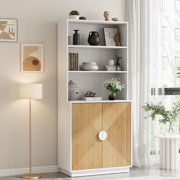 TUSY Buffet Storage Cabinet, Bamboo Storage Cabinets with Doors & Shelves, Wood Cupboard for Kitchen, Dining Room, Living Room and Bathroom, White
