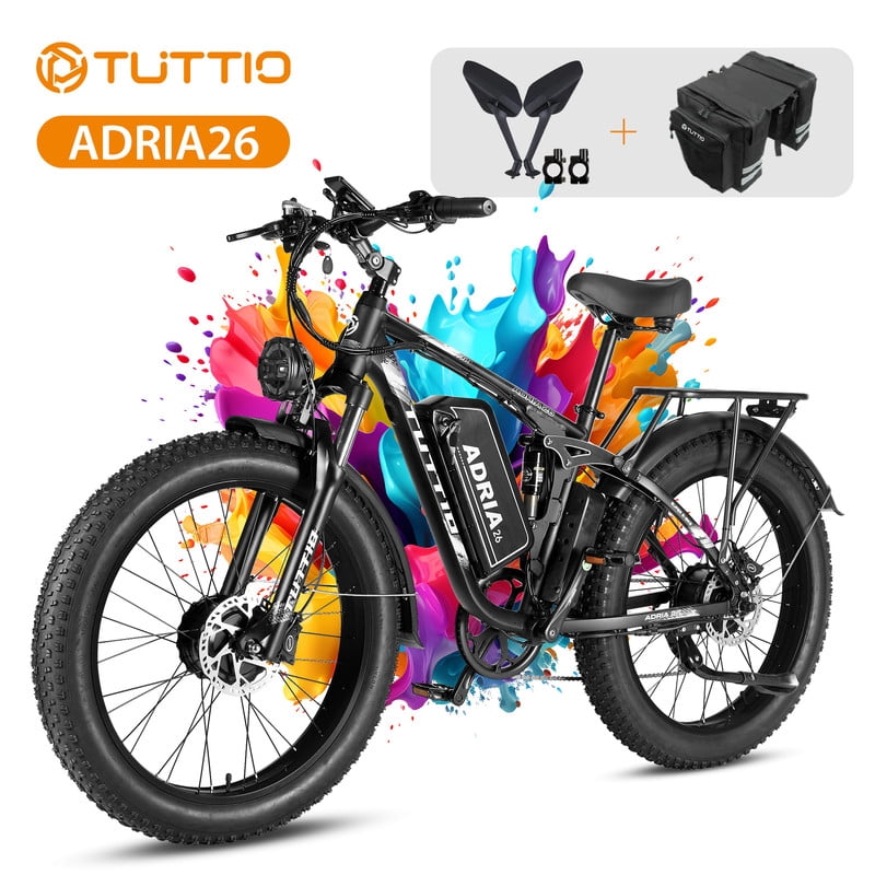 TUTTIO 5000W Dual Motor Electric Bike for Adults Max 46mph, 26x4in Fat Tire All Terrain E-Mountain Bike, 52V 25Ah Full Suspension E Bike, 7-Speed Gear Electric Bicycle UL2849