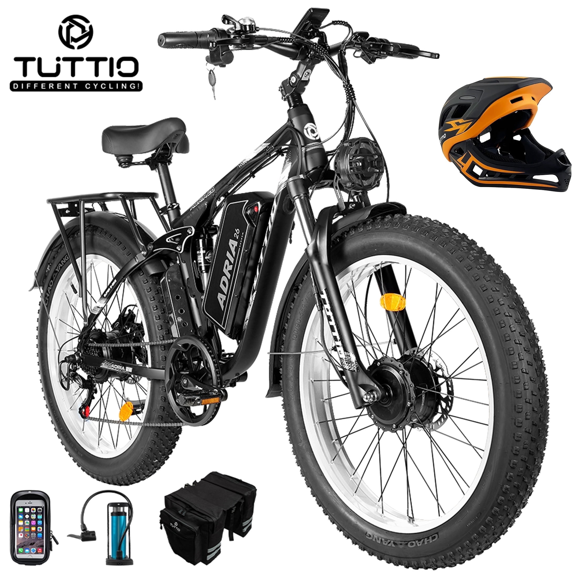 TUTTIO Adria26 Electric Mountain Bike for Adults Teen with Helmet, 5000W Men Off-Road Ebike, 26" Fat Tire Full Suspension Electric Bicycles, 7 Speed, 52V 30Ah Battery, Max 46Mph UL2849