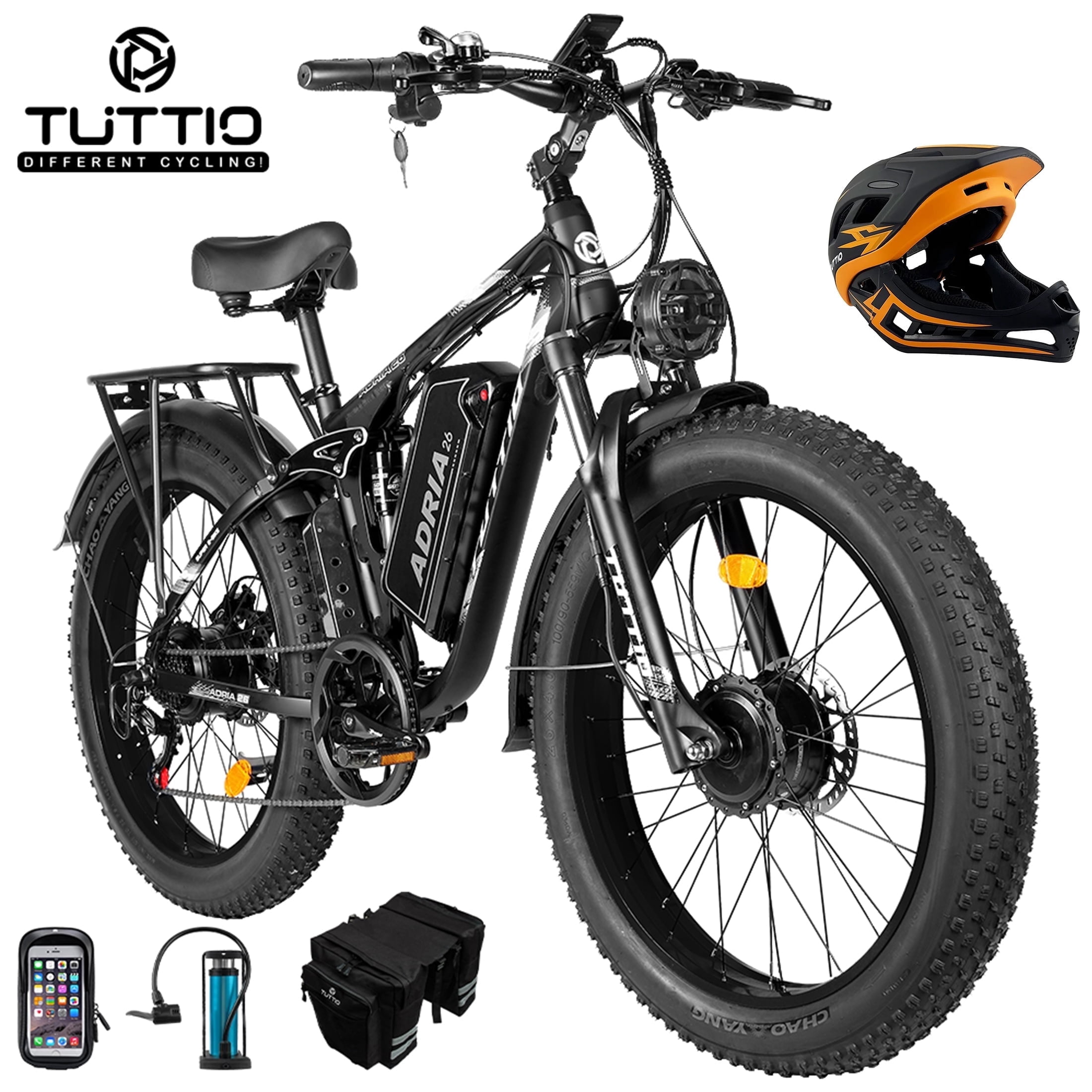 TUTTIO Adria26 Electric Mountain Bike for Adults Teen with Helmet, 5000W Men Off-Road Ebike, 26" Fat Tire Full Suspension Electric Bicycles, 7 Speed, 52V 30Ah Battery, Max 46Mph UL2849