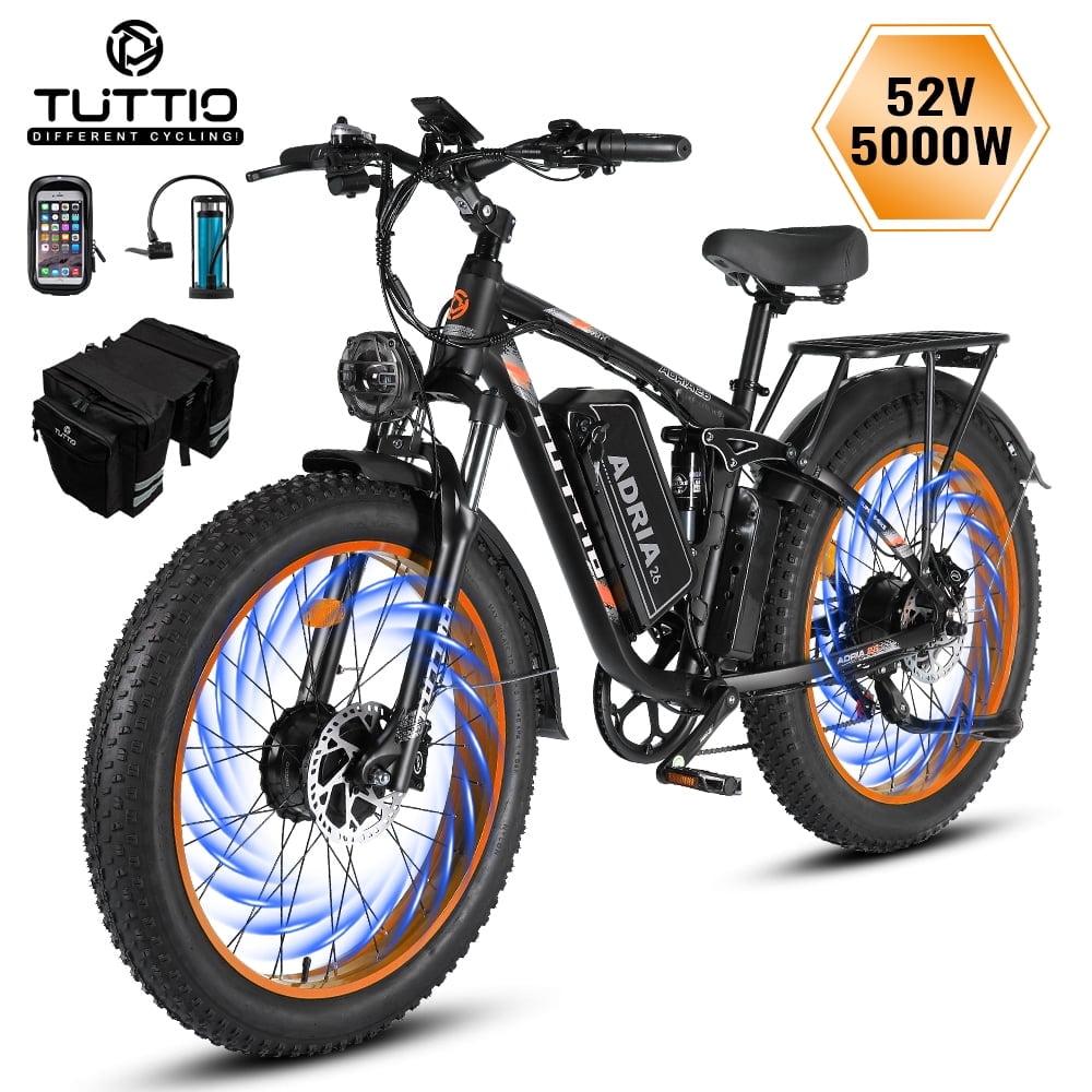 TUTTIO Adria26 Electric Mountain Bike for Adults Teen, 5000W Men Off-Road Ebike, 26" Fat Tire Full Suspension Electric Bicycles, 7 Speed, 52V 30Ah Battery, Max 46Mph UL2849