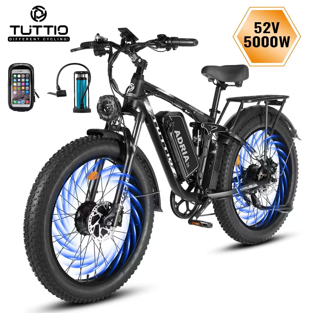 TUTTIO Adria26 Electric Mountain Bike for Adults, 5000W Motor, 52V 30Ah Battery, Max 46Mph, 100 Miles Range, 26" Fat Tire All Terrain Off-Road E Bike - Black