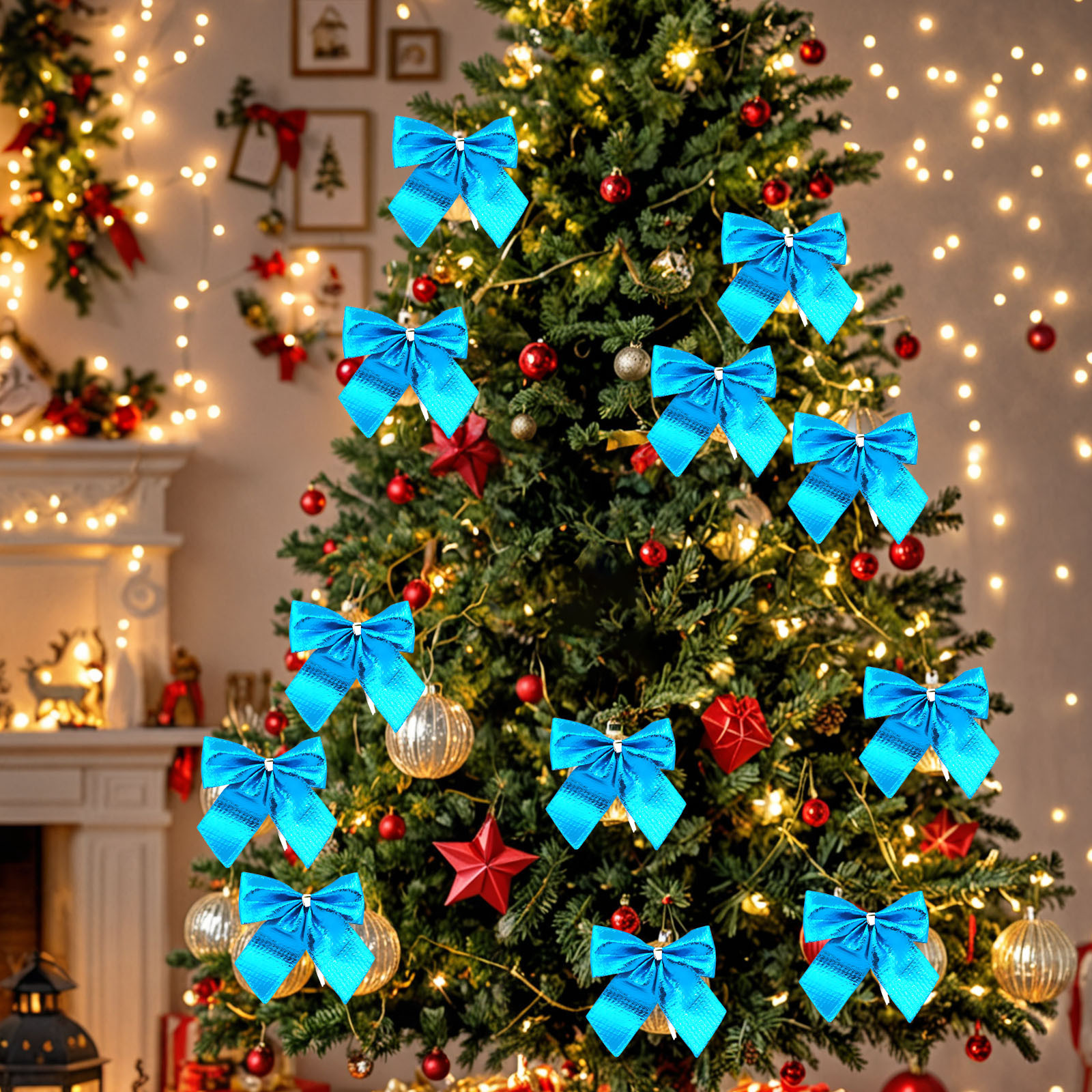 TUTUnaumb 12Pcs Christmas Tree Bows Glitter Decorative Bow, Cute Tree Bow for Wreaths Sequin Ties Christmas DIY Bows Mini Holiday Bowknot for Christmas Home Party Decors Supplies, 2.36 Inch-Blue
