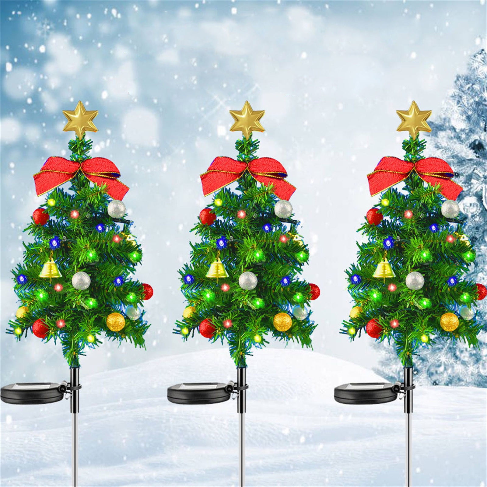 TUTUnaumb 18in Solar Prelit Christmas Tree Stake Lights with 2 Lighting Modes Christmas Pathway Lights with Tree Topper Star Light Artificial Tree Stake Lights for Garden Yard Decor 2PC-Multicolor