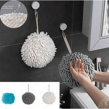 TUTUnaumb 2PC Soft Hand Dry Hanging Ball Towels for Bathroom Microfiber Decorative Reusable Kitchen Fuzzy Ball Plush Sponge Ball Shaped Cute Chenille Hand Towels with Hanging Loops-Blue