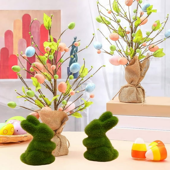 TUTUnaumb Flocked Bunny Moss Easter Bunny Spring Decor Furry Covered Rabbits Figurines Statue Garden Artificial Animal Moss Sculpture for Table Home Kitchen Shelf Decor & Gift Giving 3.15Inch-Green