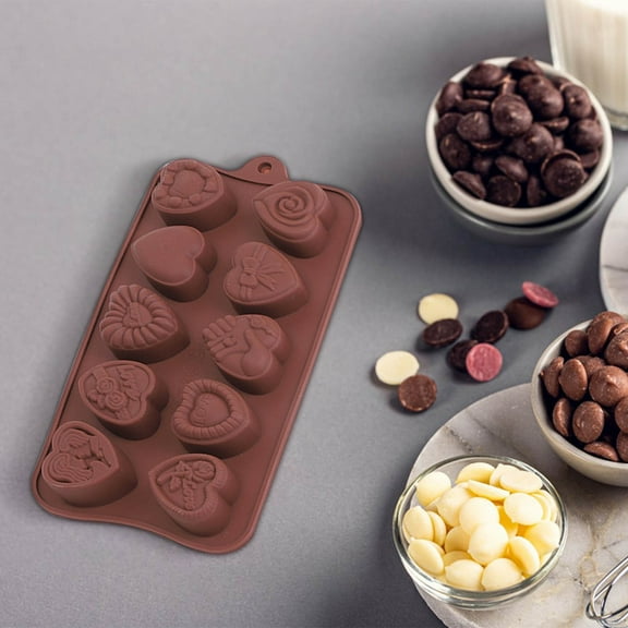 Herrnalise 1PCS Heart Chocolate Molds, 10-Design Love Rose Silicone Molds, Molds with Love Pattern, Non-Stick Baking Molds for DIY Valentine's Day Chocolate, Candy, Gummy, Ice Cubes-Brown