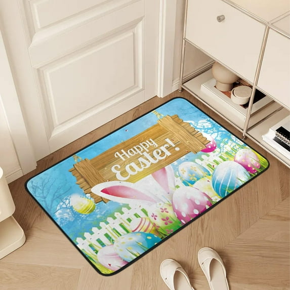 TUTUnaumb Happy Easter Doormat Kitchen Mats Easter Bunny And Flowers Pattern Bathroom Rugs Soft Outdoor Indoor Holiday Welcome Mat Floor Mat Ideal For Easter Decor Home Entry Kitchen Bathroom-Blue