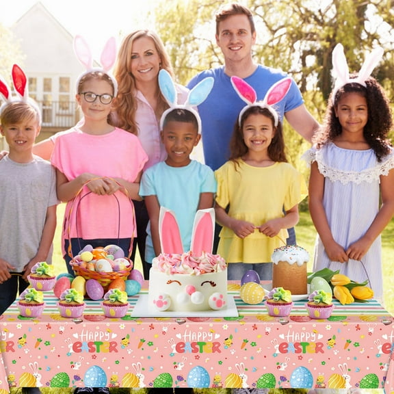 TUTUnaumb Happy Easter Tablecloth 54x108 Inch Rectangle - Pink Easter Table Cover Bunny Egg Table Cloth Decorations - Water Resistant Spring Table Cloth for Party, Picnic Outdoor Dinner Dining Room-A