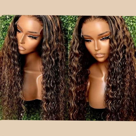 TUTUnaumb Highlight Ombre Lace Front Wig Human Hair for Black Women HD Lace Wig Long Deep Wave Synthetic Lace Front Wig with Baby Hair Pre-plucked Hairline Hair Natural Looking Crimps Curls 32In-Gold