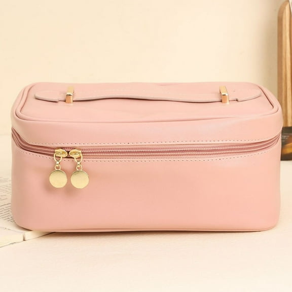 TUTUnaumb Large Capacity Travel Cosmetic Bag,Travel Makeup Bag Leather With Brushes Slots Divider Flat Lay Cosmetic Bag Portable Makeup Organizer-Pink