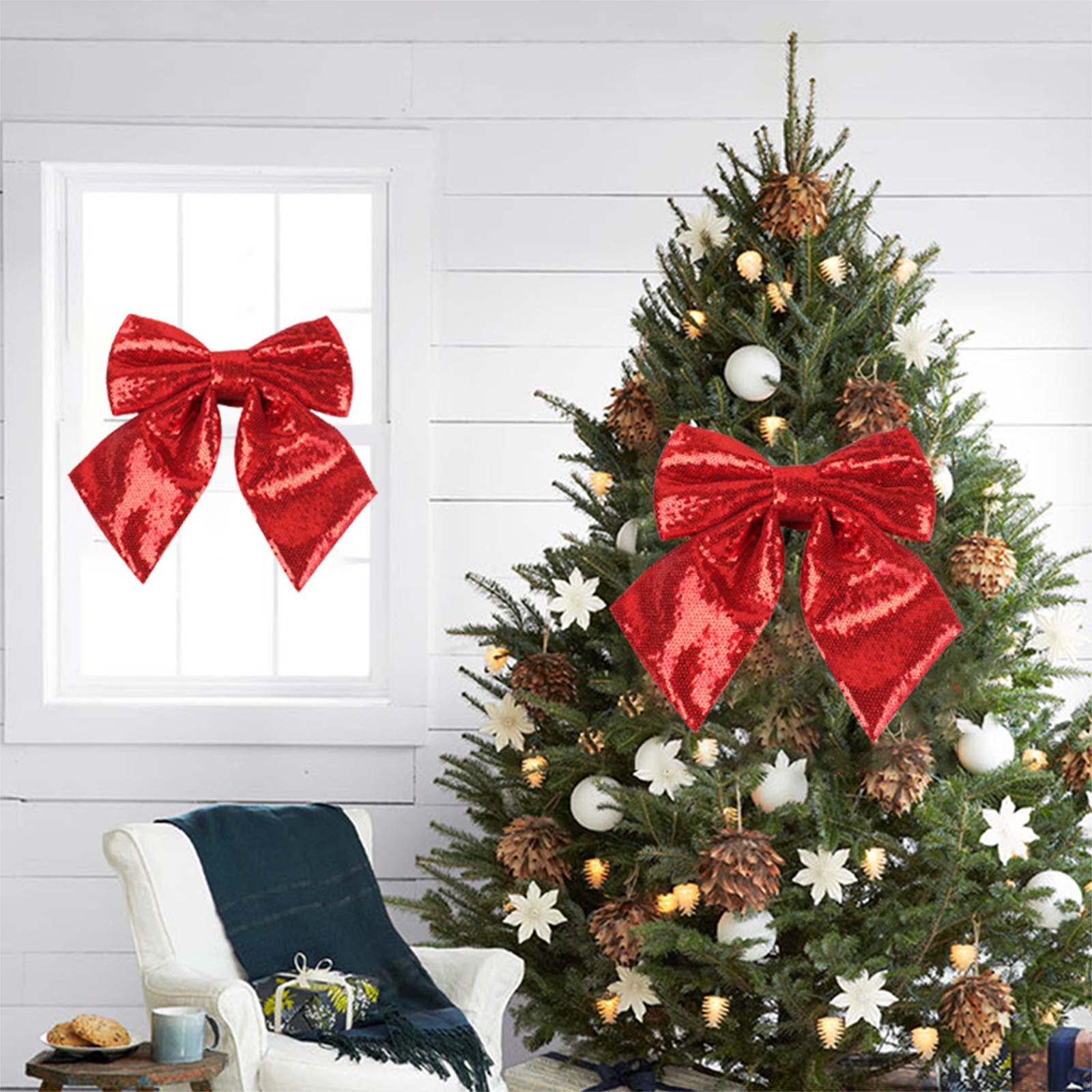 TUTUnaumb Large Glitter Christmas Bow, 10 Inch Sequin Wreath Bow for Xmas Tree, Christmas Tree Topper Decorations, Glitter Bow Ties, Elegant Bowknot Ornaments for Christmas Party Supplies-Red