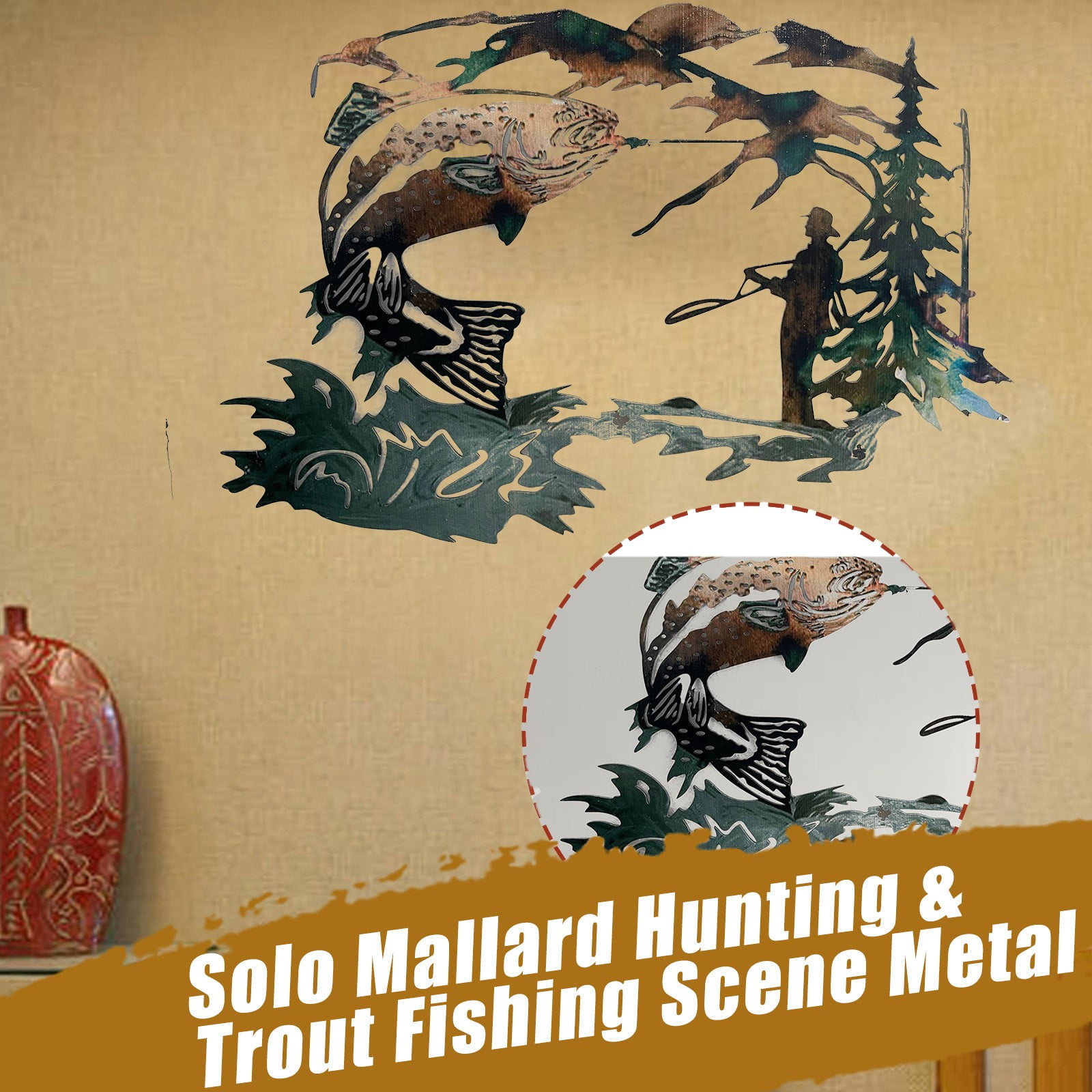 TUTUnaumb New Hot on Sale Hunting & Trout Fishing Scene Metal Wall Art-M 