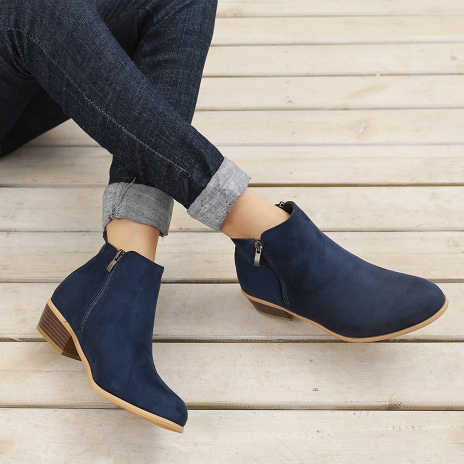 TUTUnaumb Winter Hot Sale Clearance Women Ankle Boots Square Toe Low Heel Casual Female Fashion Solid Color Zip Shoes for Party Wedding Leisure Blue