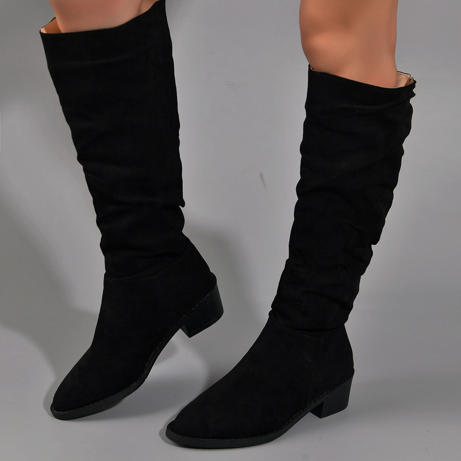 MODENCOCO Women's Pointed Toe Knee High Boots - 4 Inch Block Heel, Matte Finish, Side Zip