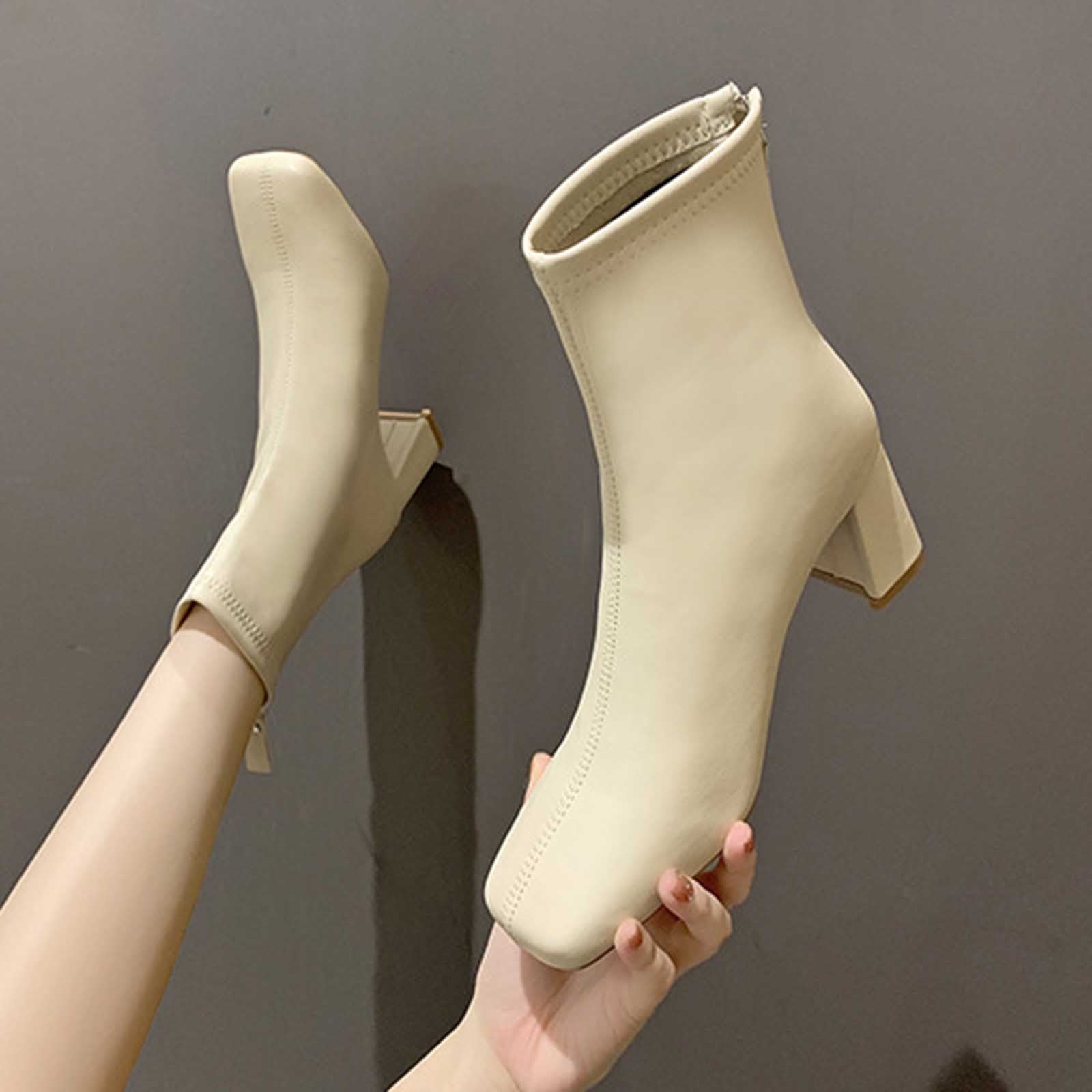 TUTUnaumb Women s Middle Ankle Boots Size 9 Women s Large Size Back Zipper Ankle Boots Non slip Boots With Thick Heels Square Toe Flat Bottom Chunky High Heel Casual Women s Shoes Ankle Boots Beige