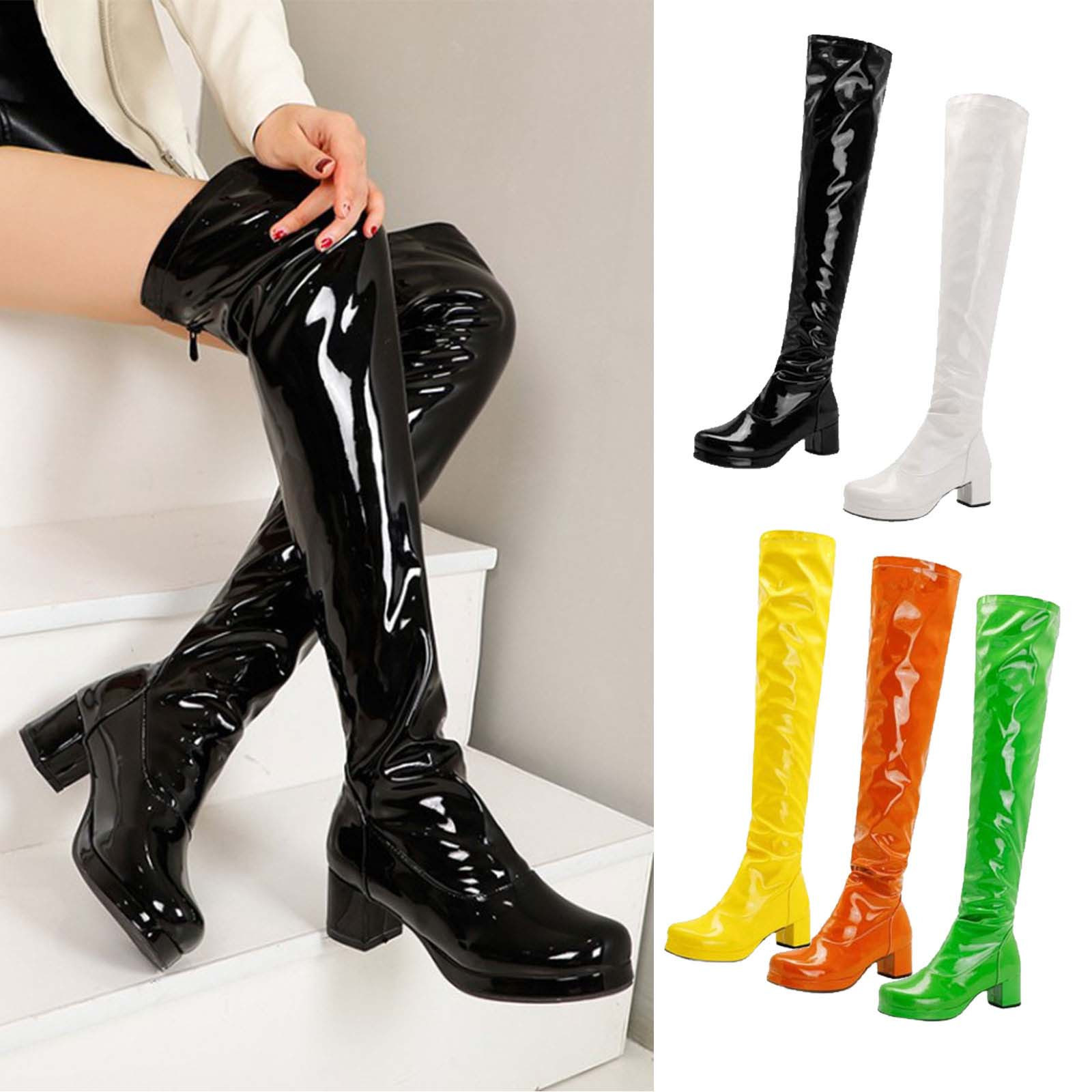TUTUnaumb Women s Middle Over the Knee Boots Size 4 Women s Fashion Middle Over the Knee Boots Multicolor Chunky Heel Round Toe Boots Thick Low Heel Back Side Zipper Women s Knee High Boots Yellow Wal...