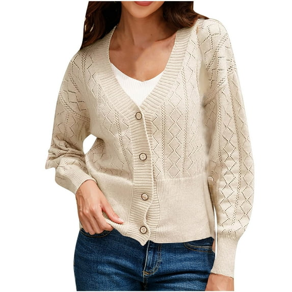 TUWABEII Cardigan Sweaters for Women,Women's Casual Solid Color Button Loose Knit Top Sleeve V-Neck