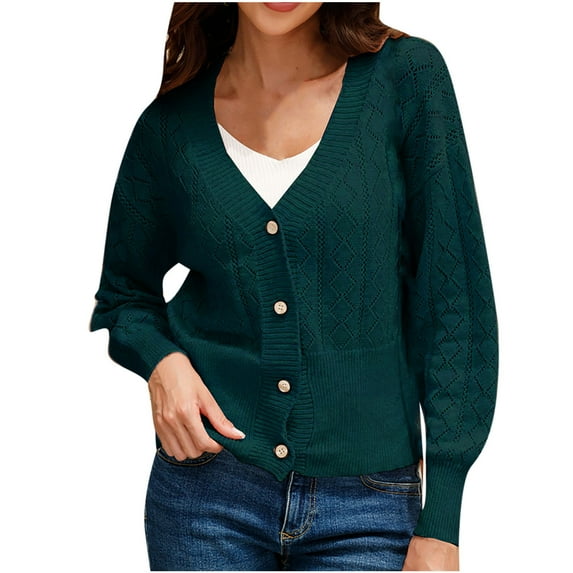 TUWABEII Cardigan Sweaters for Women,Women's Casual Solid Color Button Loose Knit Top Sleeve V-Neck