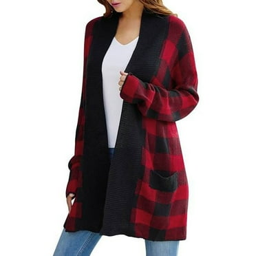 TUWABEII Christmas Sweaters for Womens,Women's Plaid Cardigan Loose Color Contrast Sweater Coat