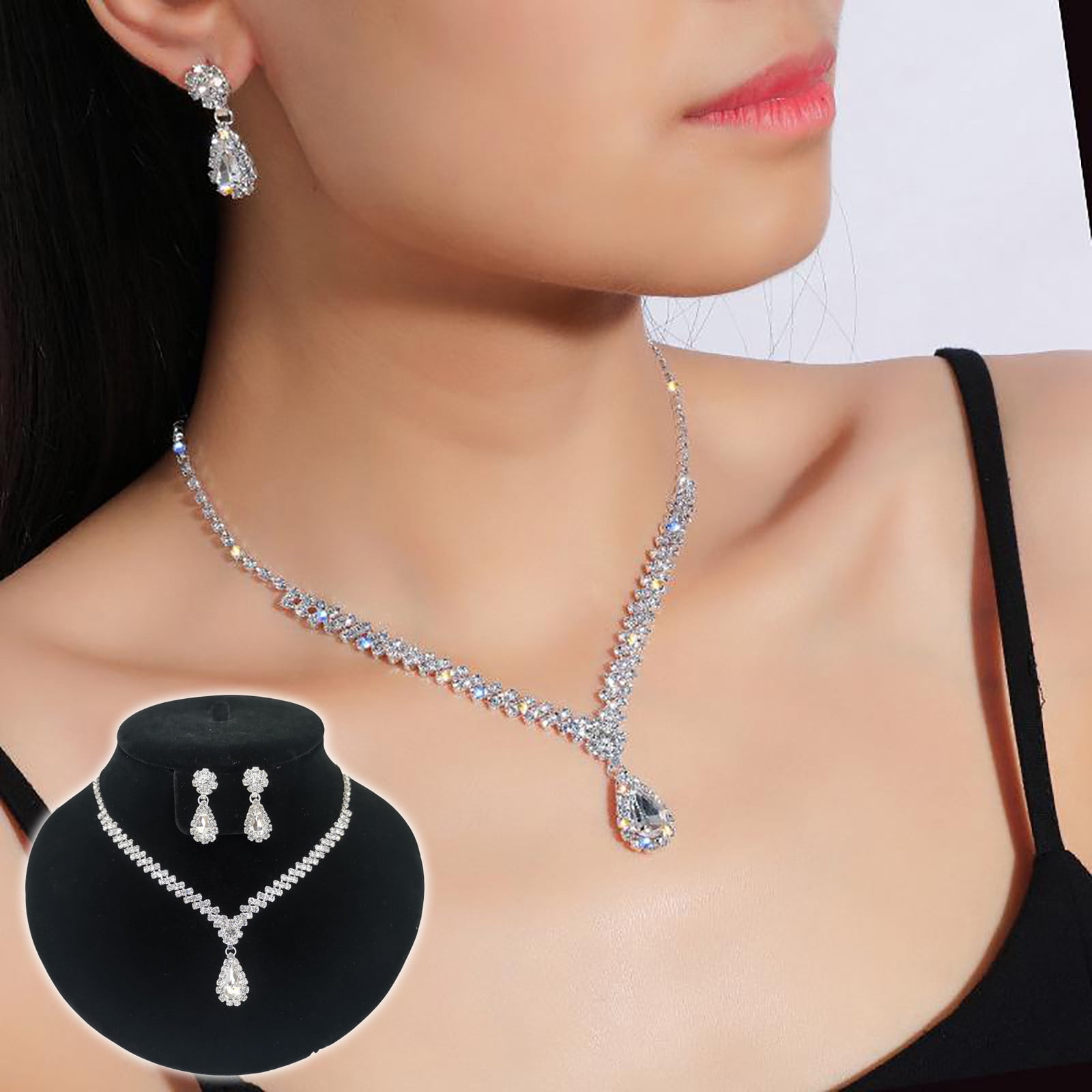 JikouIivo Exquisite Rhinestone Chain Necklace Set Diamond Necklace and Earrings Two piece Wedding Bridal Jewelry Set Strong Durable Necklace