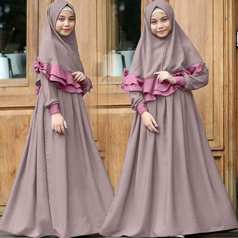 TUWABEII Fall and Winter Dresses for Girls Girl Long Sleeve Solid Color Round Neck Dress Lace Turban Two Piece Muslim Children s Clothing