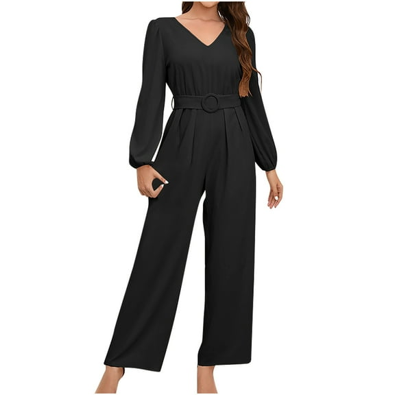 TUWABEII Jumpsuit for Women,Solid Color Casual Fashion V-neck Long Sleeved Waist Belt