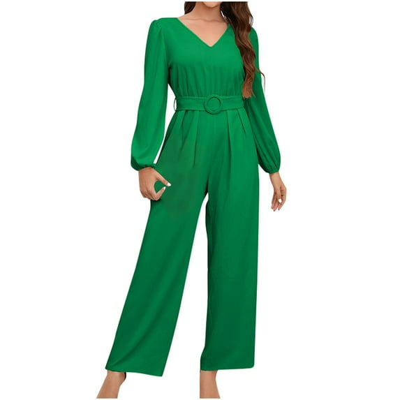 TUWABEII Jumpsuit for Women,Solid Color Casual Fashion V-neck Long Sleeved Waist Belt