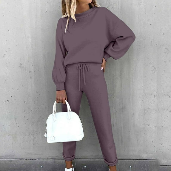 TUWABEII Lounge Set for Women,Women's Solid Color Pullover Long Sleeve Top + Casual Pants 2 Piece Set