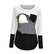 TUWABEII Maternity Graphic Tees Round Neck Stripe Patchwork Long Sleeve Breast Feeding Pregnant Woman Nursing Blouse Tops T-Shirt