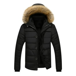 Mens Puffer Jacket with Faux Fur Hood Full Zip Up Hooded