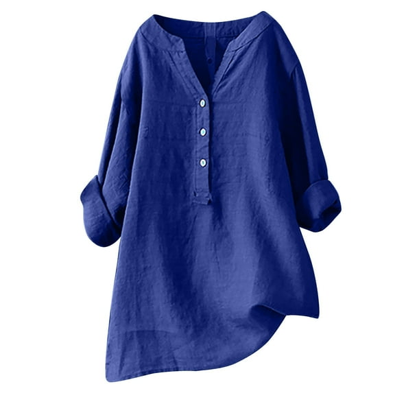 TUWABEII Shirts for Women,Women's V-Neck Long Sleeve Loose Button Cotton And Linen Tunic Summer Blouse