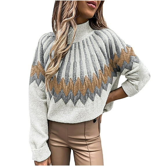 TUWABEII Trendy Sweaters for Women,Women's High Collar Warm Printed Casual Sleeve Sweater Tops