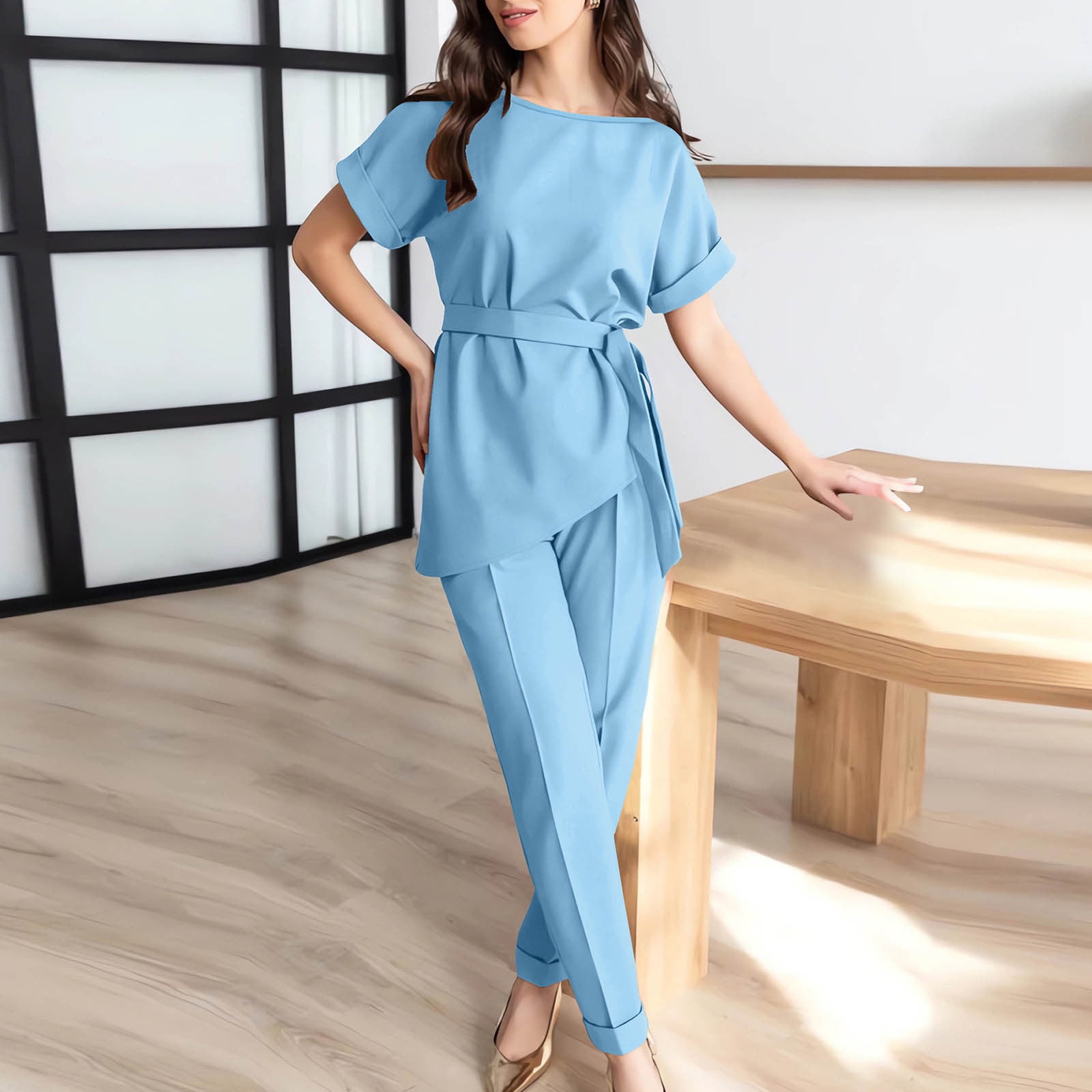 TUWABEII Women's Piece Outfits Suit Set Short Sleeve Peplum Top