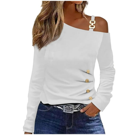 TUWABEII Women's Christmas Shirts Fashion Casual One Shoulder Drop Shoulder Long Sleeve Pullover Long Sleeve Top